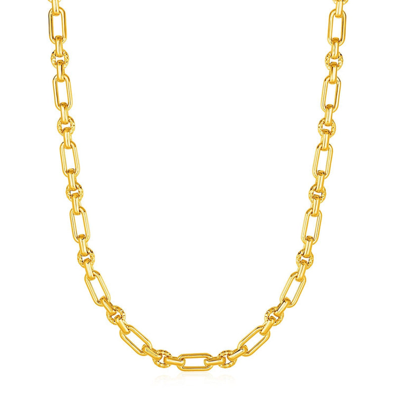 Bids.com Rounded Rectangular Link Necklace with Textured Round Links in 14k Yellow Gold Necklaces White Smoke 18 / Yellow Gold