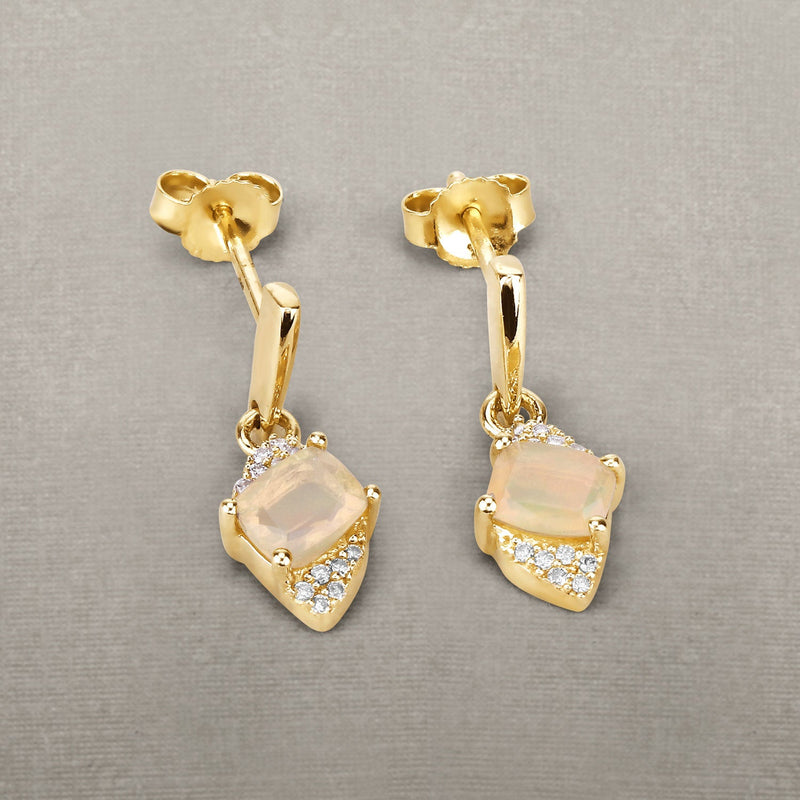 Bids.com 0.57 Carat Genuine Ethiopian Opal and White Diamond 14K Yellow Gold Earrings Earrings Dark Gray