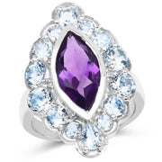 Bids.com 5.30 Carat Genuine Amethyst and Blue Topaz .925 Sterling Silver Ring Rings White Smoke size 6.00,size 7.00,size 8.00,size 9.00