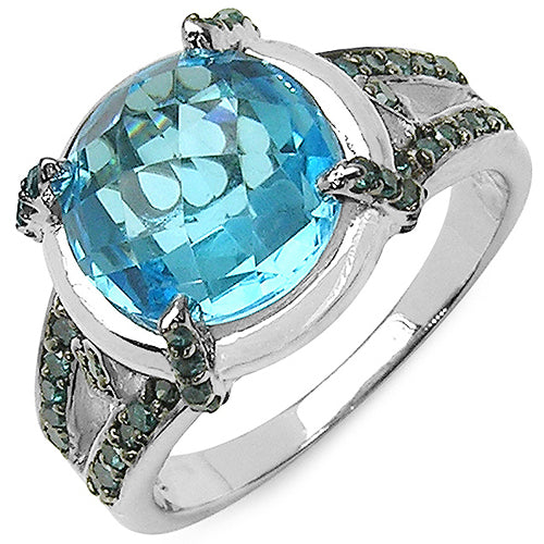 Bids.com 5.43 Carat Genuine Swiss Blue Topaz & Blue Diamond .925 Sterling Silver Ring Rings White Smoke size 7.00,size 6.00,size 8.00,size 9.00