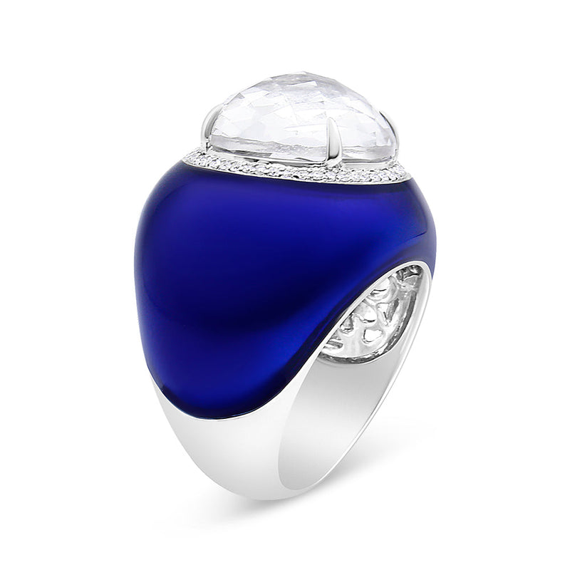 Bids.com 18K White Gold 14mm White Quartz and 1/5 Cttw Diamond Halo with Blue Enamel Dome Ring (F-G Color, VS1-VS2 Clarity) - Ring Size 7 Rings White Smoke 7 / White.Gold