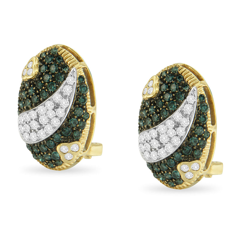Bids.com Black and White Rhodium over 14K Yellow Gold 2-1/10 Cttw White and Blue Diamond Oval Omega Back Stud Earrings (H-I and Blue Color, SI1-SI2 Clarity) Earrings White Smoke Yellow.Gold / 2.16