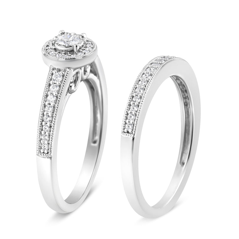 Bids.com .925 Sterling Silver 1/2 Ctw Diamond Halo and Milgrain Engagement Ring Bridal Set (I-J Color, I3 Clarity) - Ring Size 7 Rings White Smoke 7 / White.Sterling Silver,6 / White.Sterling Silver,8 / White.Sterling Silver,9 / White.Sterling Silver