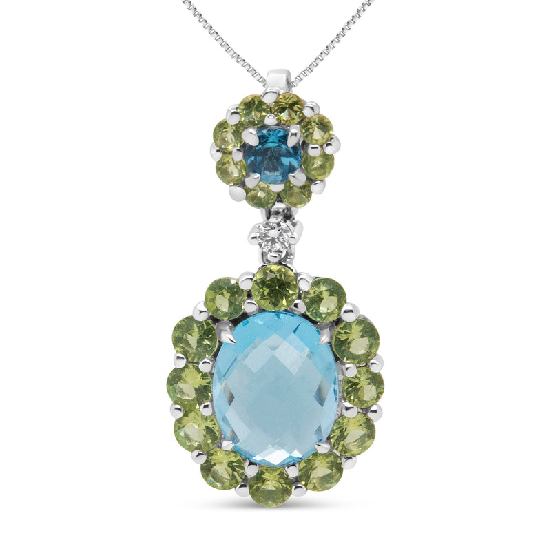 Bids.com 18k White Gold 0.05 Cttw Round Diamond and Blue Topaz and Green Peridot Gemstone Halo Drop 18" Pendant Necklace (F-G Color, VS1-VS2 Clarity) Necklaces White Smoke White.Gold / 18