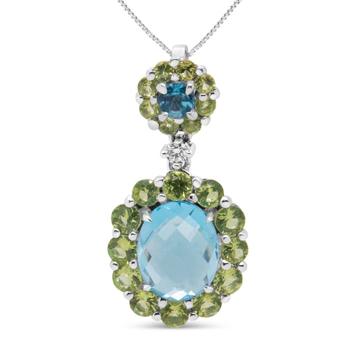 Bids.com 18k White Gold 0.05 Cttw Round Diamond and Blue Topaz and Green Peridot Gemstone Halo Drop 18" Pendant Necklace (F-G Color, VS1-VS2 Clarity) Necklaces White Smoke White.Gold / 18