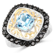 Bids.com Two Tone Plated 2.85 Carat Genuine Swiss Blue Topaz and Black Spinel .925 Sterling Silver Ring Rings White Smoke size 7.00,size 8.00,size 9.00,size 6.00