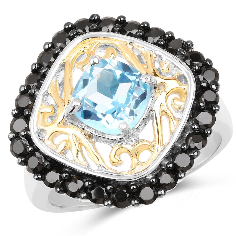 Bids.com Two Tone Plated 2.85 Carat Genuine Swiss Blue Topaz and Black Spinel .925 Sterling Silver Ring Rings White Smoke size 7.00,size 8.00,size 9.00,size 6.00