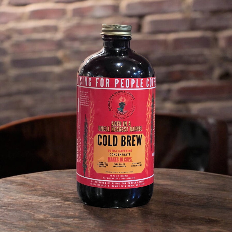 Rising For People Coffee Co. Aged Whiskey Barrel Concentrated Cold Brew Coffee — Light Roast Whole Bean Coffee Coffee Black 16oz,16oz-4pack,16oz-6pack,16oz-12pack