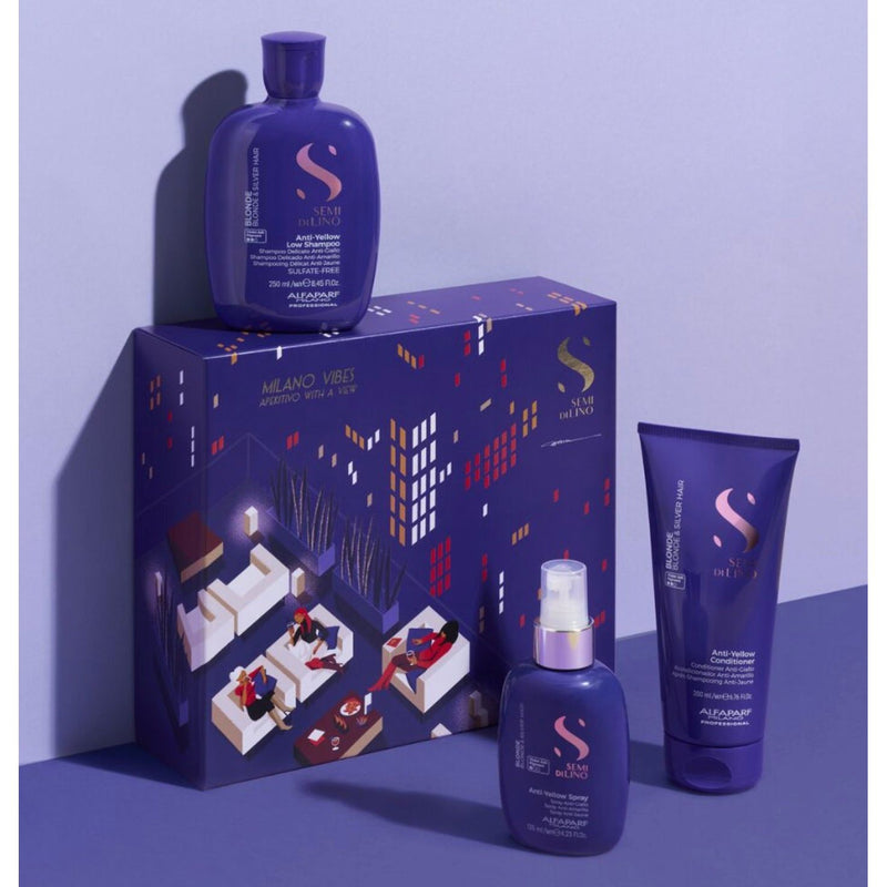 VIP Extensions Alfaparf Milano Semi Di Lino Gift Set for Blonde and Silver Hair - Anti-Yellow Sulfate Free Shampoo, Conditioner and Leave-In Spray Toner - Neutralizes Unwanted Yellow Tones Hair Care Kit Light Steel Blue