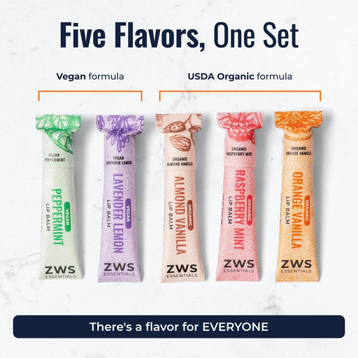 ZeroWasteStore.com All Natural Lip Balm White Smoke Lip Balm Set - Bundle of 5,Organic Trio,Vegan Duo,Organic Almond Vanilla,Organic Orange Vanilla,Organic Raspberry Mint,Vegan Peppermint,Vegan Lavender Lemon
