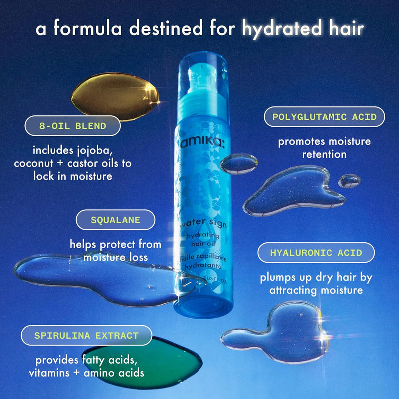 Nava Beauty Amika Water Sign Hydrating Hair Oil with Hyaluronic Acid 1.7 Oz Hair Midnight Blue
