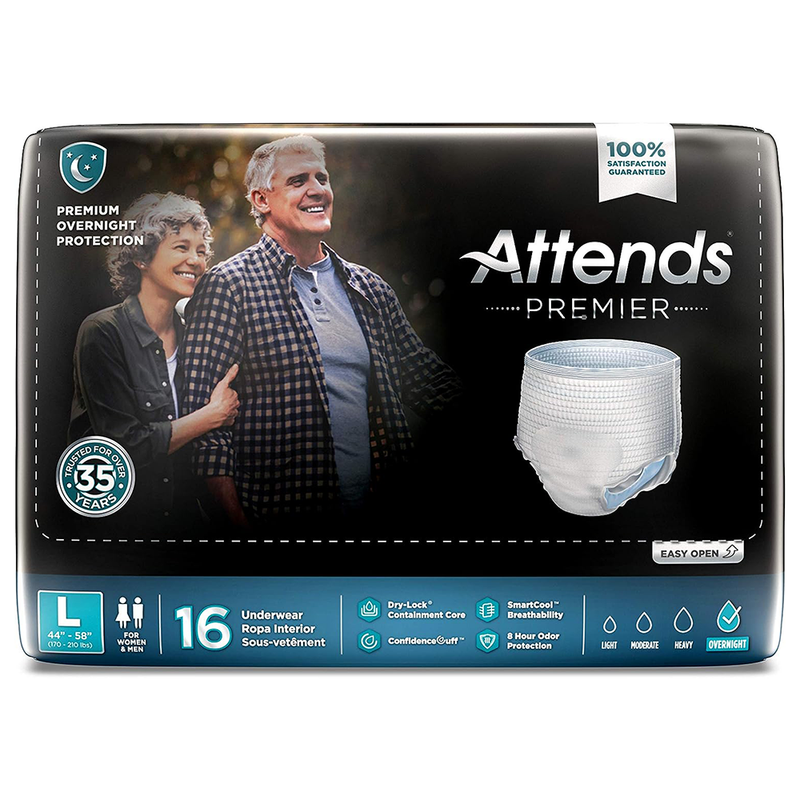 Attends Attends Premier Premium Overnight Protection Underwear L  44"- 58" 16X Health Care Black