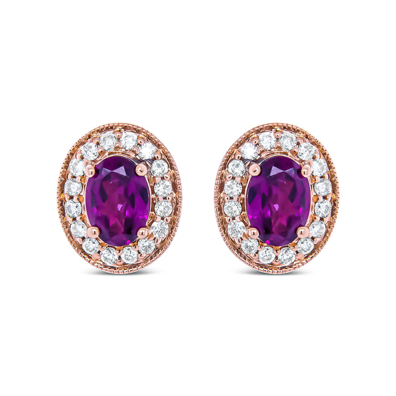 Bids.com 14K Rose Gold 7x5mm Oval Cut Garnet and 3/8 Cttw Round Diamond Halo Stud Earrings (G-H Color, SI1-SI2 Clarity) Earrings White Smoke Rose.Gold / 0.4