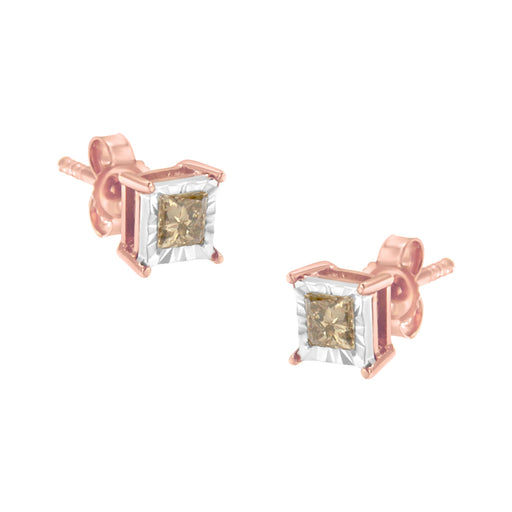 Bids.com 14K Rose Gold Plated Two-Tone .925 Sterling Silver 1/2 Cttw Princess-Cut Square Diamond Solitaire Miracle-Plate Stud Earrings (K-L Color, I2-I3 Clarity) Earrings White Smoke WhiteRose.Sterling Silver / 0.5