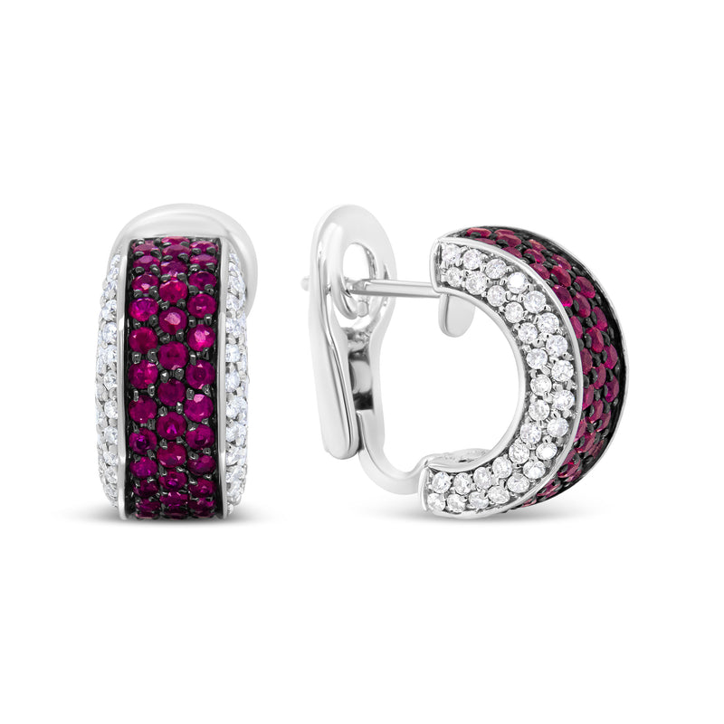 Bids.com 18K White Gold and Black Rhodium Plated 3/4 Cttw Round Diamonds and 1mm Round Red Ruby Huggie Hoop Earrings (F-G Color, VS1-VS2 Clarity) Earrings White Smoke White.Gold / 0.8
