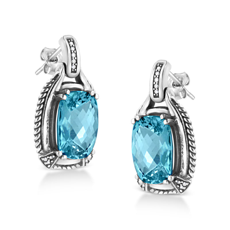 Bids.com .925 Sterling Silver 14x10MM Cushion Cut Blue Topaz Gemstone and Diamond Accent Dangle Earring (I-J Color, I1-I2 Clarity) Earrings White Smoke White.Sterling Silver / 0.098