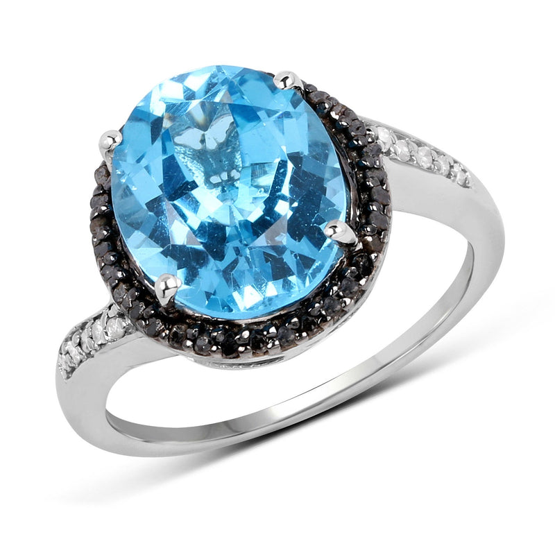 Bids.com 5.48 Carat Genuine Swiss Blue Topaz, Black Diamond and White Diamond .925 Sterling Silver Ring Rings White Smoke size 6.00,size 7.00,size 8.00,size 5.00,size 9.00