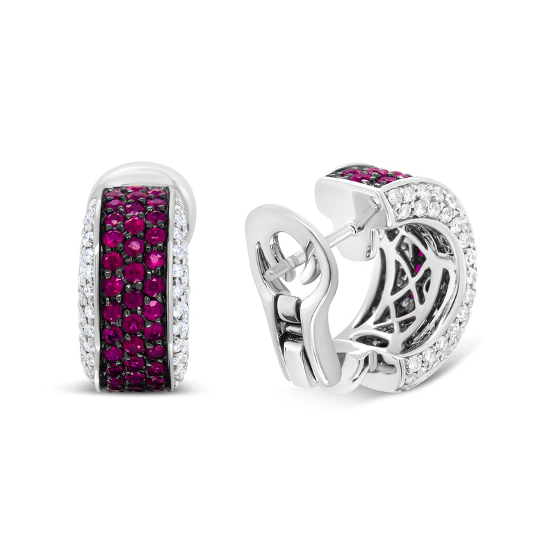 Bids.com 18K White Gold and Black Rhodium Plated 3/4 Cttw Round Diamonds and 1mm Round Red Ruby Huggie Hoop Earrings (F-G Color, VS1-VS2 Clarity) Earrings White Smoke White.Gold / 0.8