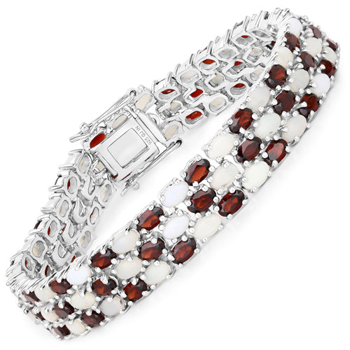 Bids.com 24.08 Carat Genuine Opal and Garnet .925 Sterling Silver Bracelet Bracelets White Smoke size 7.50,size 8.50