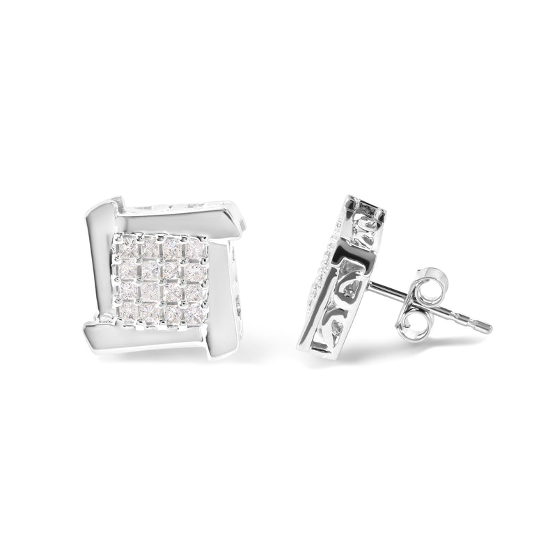 Bids.com 10K White Gold 1/2 Cttw Composite  Princess Diamond Square and Swirl Stud Earrings (I-J Color, I1-I2 Clarity) Earrings White Smoke White.Gold / 0.5