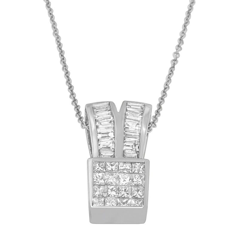 Bids.com 14K White Gold 1 5/8 cttw Princess and Baguette Cut Diamond Heart Ribbon Pendant Necklace (G-H, VS1-VS2) Necklaces White Smoke White.Gold / 18