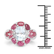 Bids.com 3.54 Carat Genuine Aquamarine, Ruby and White Topaz .925 Sterling Silver Ring Rings White Smoke size 6.00,size 7.00,size 8.00,size 9.00