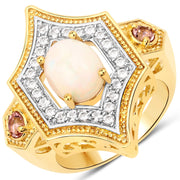 Bids.com 1.81 Carat Genuine Ethiopian Opal, Pink Tourmaline and White Topaz .925 Sterling Silver Ring Rings White Smoke size 7.00,size 6.00,size 8.00,size 9.00,size 5.00