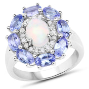Bids.com 3.05 Carat Genuine Ethiopian Opal, Tanzanite and White Diamond .925 Sterling Silver Ring Rings White Smoke size 6.00,size 9.00,size 5.00,size 7.00,size 8.00,size 10.00