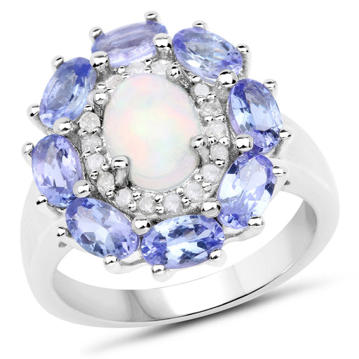 Bids.com 3.05 Carat Genuine Ethiopian Opal, Tanzanite and White Diamond .925 Sterling Silver Ring Rings White Smoke size 6.00,size 9.00,size 5.00,size 7.00,size 8.00,size 10.00