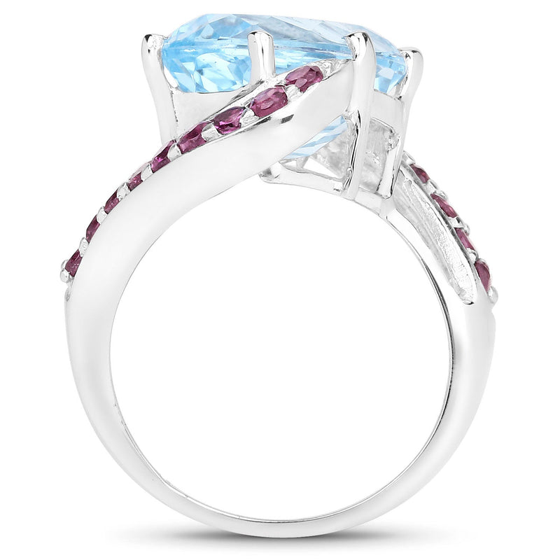 Bids.com 8.40 Carat Genuine Blue Topaz and Rhodolite .925 Sterling Silver Ring Rings White Smoke size 5.00,size 6.00,size 7.00,size 8.00,size 9.00