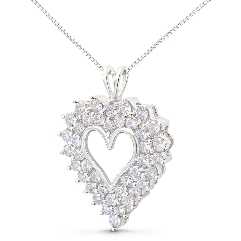 Bids.com 925 Sterling Silver 4.0 Cttw Diamond Two Row Open Heart 18" Pendant Necklace (I-J Color, I2-I3 Clarity) Necklaces White Smoke White.Sterling Silver / 18