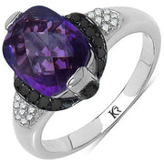 Bids.com 3.71 Carat Genuine Amethyst, Black Diamond & White Diamond .925 Sterling Silver Ring Rings White Smoke size 8.00,size 6.00,size 7.00,size 9.00