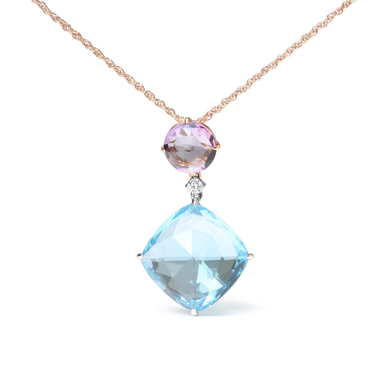 Bids.com 18K White and Rose Gold Round Diamond Accent and Round Rose De France Pink Amethyst and Cushion Cut Sky Blue Topaz Dangle Drop 18" Pendant Necklace (G-H Color, SI1-SI2 Clarity) Necklaces White Smoke WhiteRose.Gold / 18