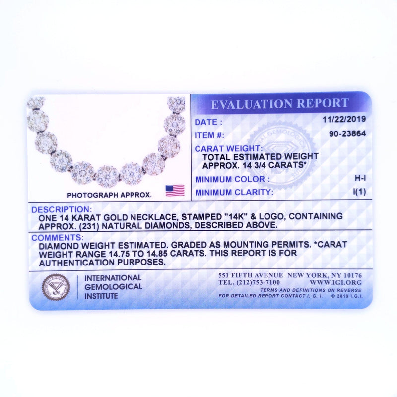 Bids.com IGI Certified 14K Yellow Gold 14 3/4 cttw Pave Set Round-Cut Diamond Riviera Necklace (F-G Color, S2-I1 Clarity) Necklaces White Smoke Yellow.Gold / 18