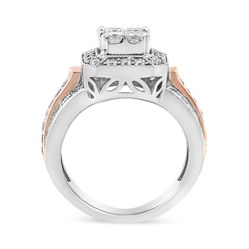 Bids.com 14K White and Rose Gold 1 1/8 Cttw Princess and Round-Cut Diamond Art Deco Style Triple Shank Halo Cocktail Ring (I-J Color, SI2-I1 Clarity) - Size 7 Rings White Smoke 7 / WhiteRose.Gold,4.5 / WhiteRose.Gold