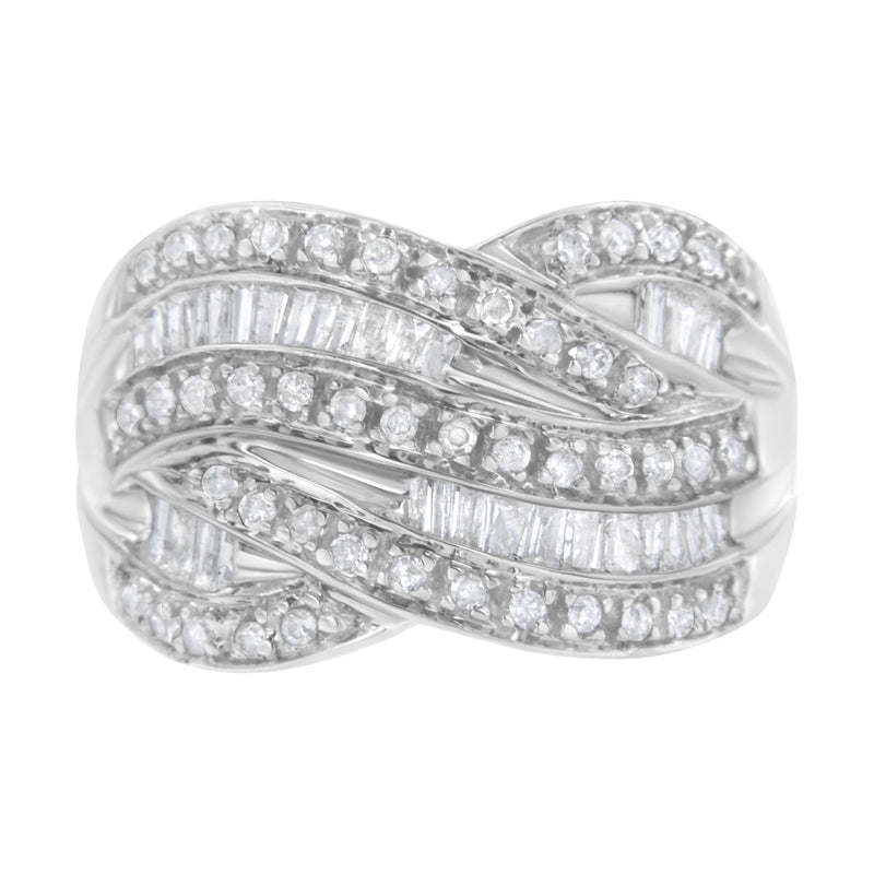 Bids.com .925 Sterling Silver 1.0 Cttw Channel Set Alternating Round and Baguette Diamond Cross-over Bypass Ring Band (I-J Color, I2-I3 Clarity) - Size 7 Rings Gray 8 / White.Sterling Silver,6 / White.Sterling Silver,7 / White.Sterling Silver,9 / White.Sterling Silver