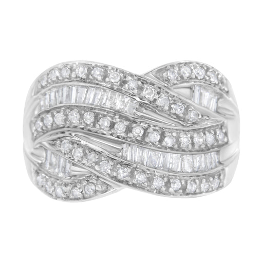 Bids.com .925 Sterling Silver 1.0 Cttw Channel Set Alternating Round and Baguette Diamond Cross-over Bypass Ring Band (I-J Color, I2-I3 Clarity) - Size 7 Rings Gray 8 / White.Sterling Silver,6 / White.Sterling Silver,7 / White.Sterling Silver,9 / White.Sterling Silver