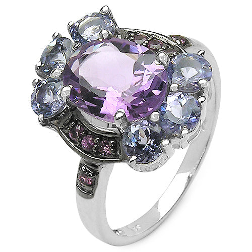 Bids.com 4.04 Carat Genuine Amethyst & Tanzanite .925 Sterling Silver Ring Rings White Smoke size 7.00,size 6.00,size 8.00,size 9.00