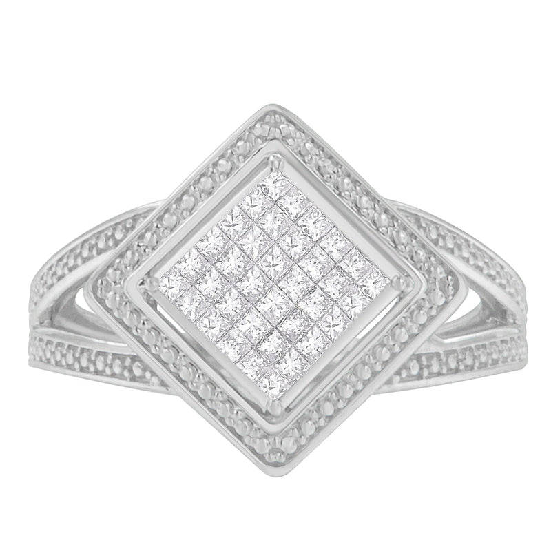 Bids.com .925 Sterling Silver 1/3 Cttw Invisible Set Princess-Cut Diamond Rhombus and Beaded Halo Ring (H-I Color, SI1-SI2 Clarity) - Ring Size 7 Rings White Smoke 7 / Sterling Silver,7 / White.Sterling Silver,6 / White.Sterling Silver,8 / White.Sterling Silver