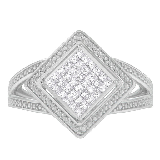 Bids.com .925 Sterling Silver 1/3 Cttw Invisible Set Princess-Cut Diamond Rhombus and Beaded Halo Ring (H-I Color, SI1-SI2 Clarity) - Ring Size 7 Rings White Smoke 7 / Sterling Silver,7 / White.Sterling Silver,6 / White.Sterling Silver,8 / White.Sterling Silver