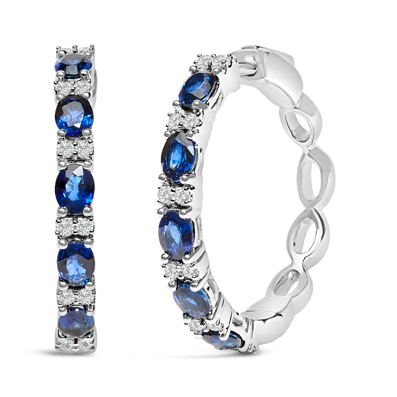 Bids.com 14K White Gold 4x3mm Oval Blue Sapphire and 1/4 Cttw Diamond Alternating Hoop Earring (I-J Color, SI2-I1 Clarity) Earrings White Smoke White.Gold / 0.252
