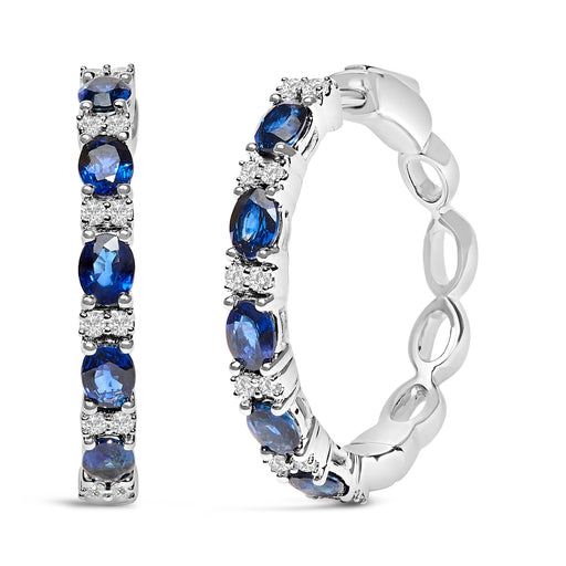 Bids.com 14K White Gold 4x3mm Oval Blue Sapphire and 1/4 Cttw Diamond Alternating Hoop Earring (I-J Color, SI2-I1 Clarity) Earrings White Smoke White.Gold / 0.252