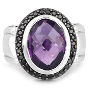 Bids.com 5.35 Carat Genuine Amethyst and Black Spinel .925 Sterling Silver Ring Rings White Smoke size 6.00,size 7.00,size 8.00