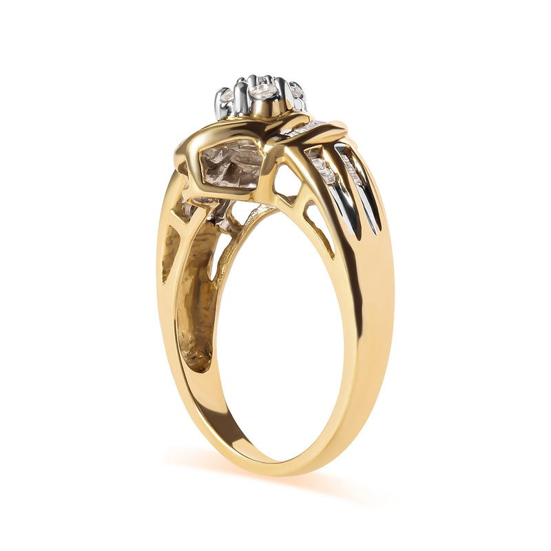 Bids.com 10K Yellow Gold 1/2 Cttw Round and Baguette Diamond Flower Swirl Cocktail Ring (I-J Color, SI2-I1 Clarity) - Ring Size 7 Rings White Smoke 7 / Yellow.Gold
