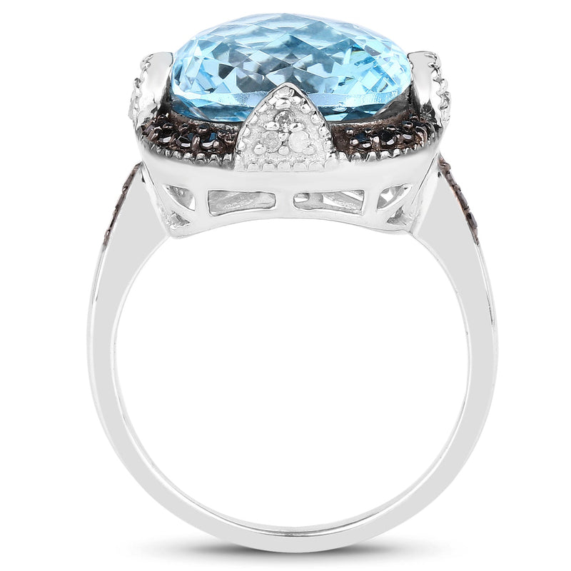 Bids.com 8.29 Carat Genuine Swiss Blue Topaz, Black Diamond & White Diamond .925 Sterling Silver Ring Rings White Smoke size 6.00,size 7.00,size 8.00,size 9.00,size 5.00,size 10.00