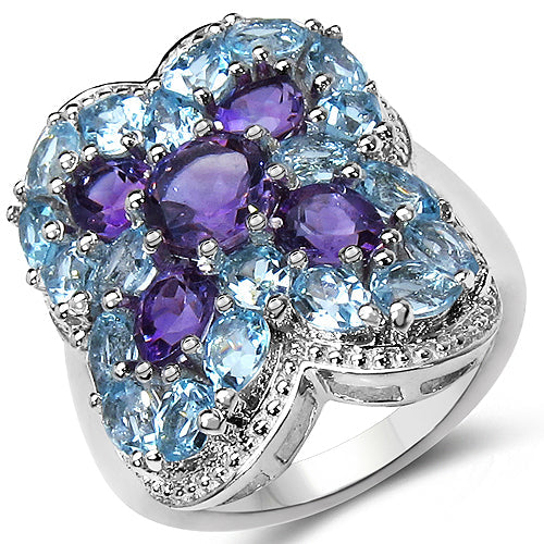 Bids.com 5.53 Carat Genuine Amethyst & Blue Topaz .925 Sterling Silver Ring Rings White Smoke size 7.00,size 6.00,size 8.00,size 5.00,size 9.00