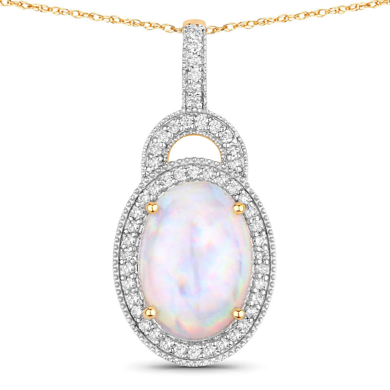 Bids.com 3.30 Carat Genuine Ethiopian Opal and White Diamond 14K Yellow Gold Pendant Pendants White Smoke