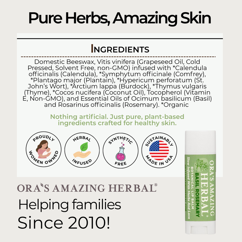 Ora's Amazing Herbal Natural Lip Balm, Herbal Infused, Basil Rosemary White Smoke