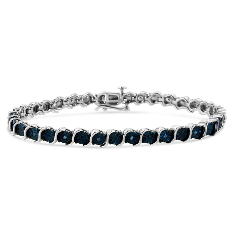 Bids.com .925 Sterling Silver 1/10 Cttw Miracle-Set Treated Blue Color Diamond Miracle Plate "S" Link Tennis Bracelet (Blue Color, I2- I3 Clarity) - 7.25" Bracelets White Smoke White.Sterling Silver / 7.25