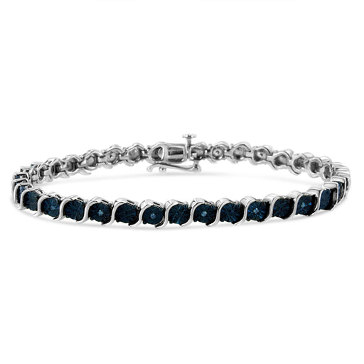 Bids.com .925 Sterling Silver 1/10 Cttw Miracle-Set Treated Blue Color Diamond Miracle Plate "S" Link Tennis Bracelet (Blue Color, I2- I3 Clarity) - 7.25" Bracelets White Smoke White.Sterling Silver / 7.25